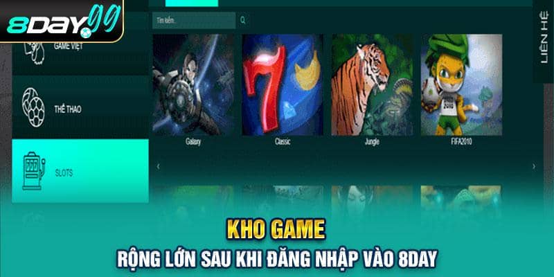 Kho game rộng lớn sau khi đăng nhập vào 8day