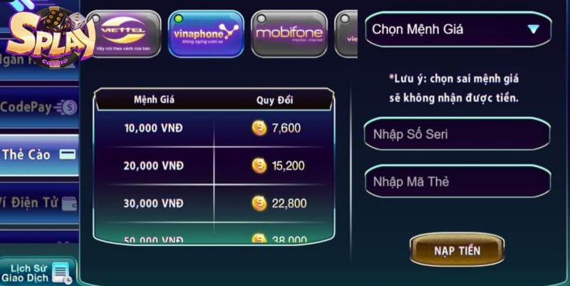 Nạp tiền Splay thẻ cào Nạp tiền Splay thẻ cào