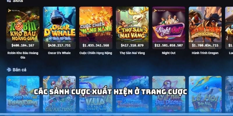 Các sảnh cược xuất hiện ở trang cược
