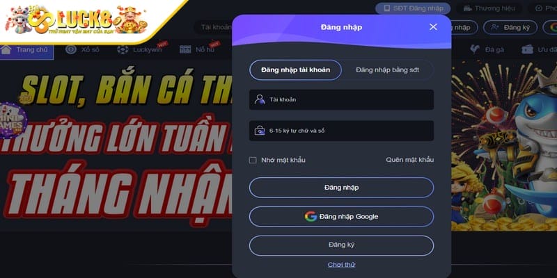 Các bước chi tiết để đăng nhập vào hệ thống Luck8