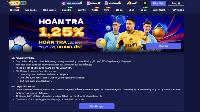 Hoàn trả 1.25% - Chơi không lo, luôn có tiền về Hoàn trả 1.25% - Chơi không lo, luôn có tiền về