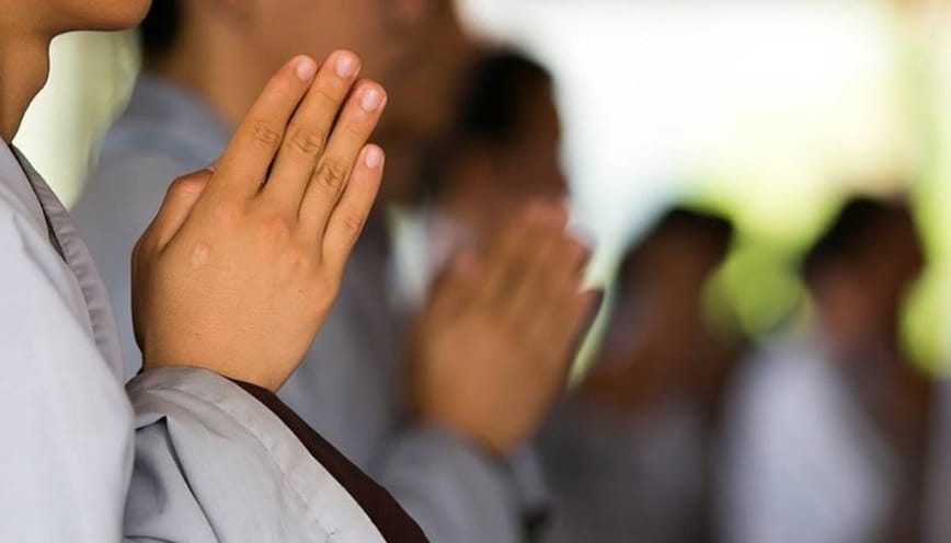 Phật tử chắp tay thành tâm đứng trước chậu cá phóng sinh