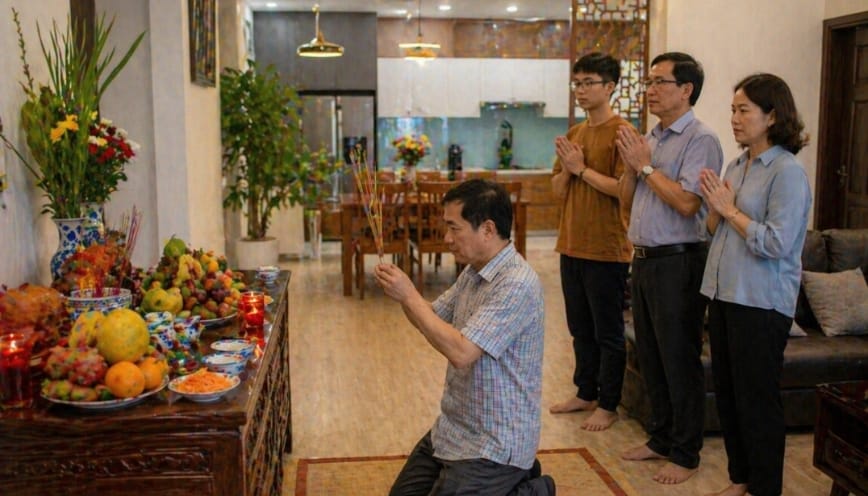 Toàn thể gia đình đang chắp tay trong lễ cúng