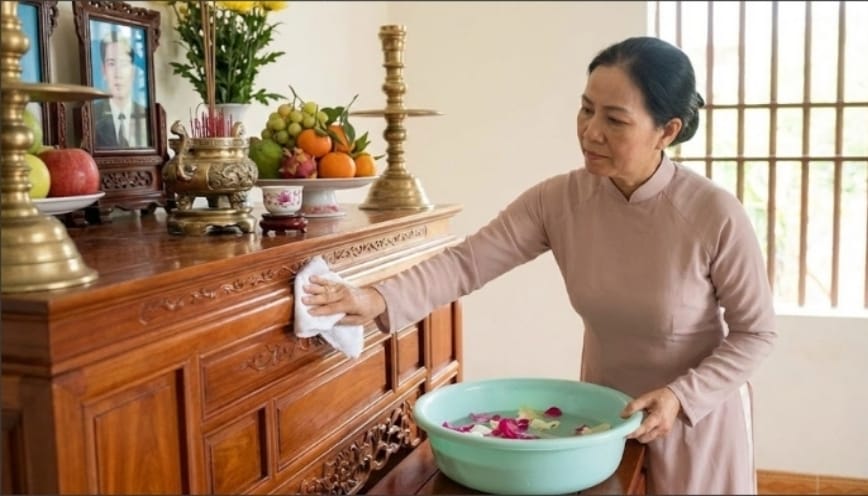 Dọn dẹp sạch sẽ khu vực thờ cúng trước khi làm lễ