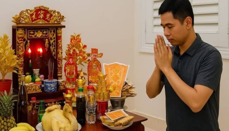 Mâm lễ hương hoa bày trên bàn thờ làm lễ cúng nhập trạch
